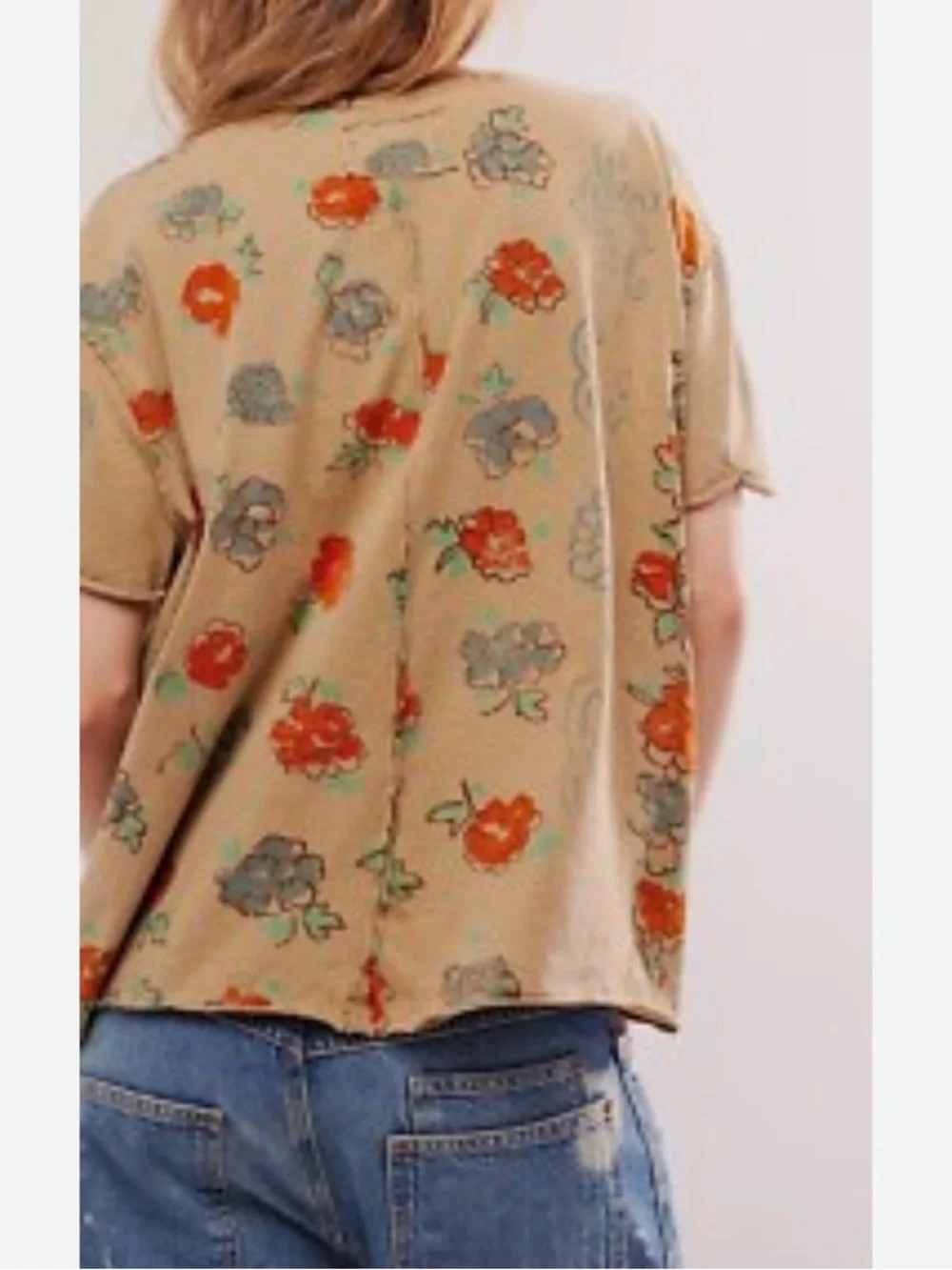 We The Free Nina Boheme Olive Short Sleeve Oversized Tee with Floral Print Large - Picture 3 of 9